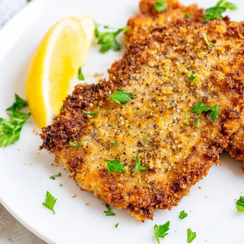 Golden-brown German schnitzel cutlet, crispy from pan-frying, ready to be served with lemon wedges.