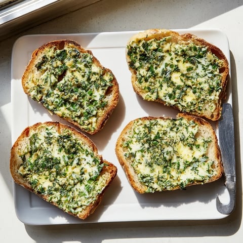 Golden-brown Herb Butter Toast slices glisten with melted compound butter, finished with flaky salt for a savory appetizer or snack.