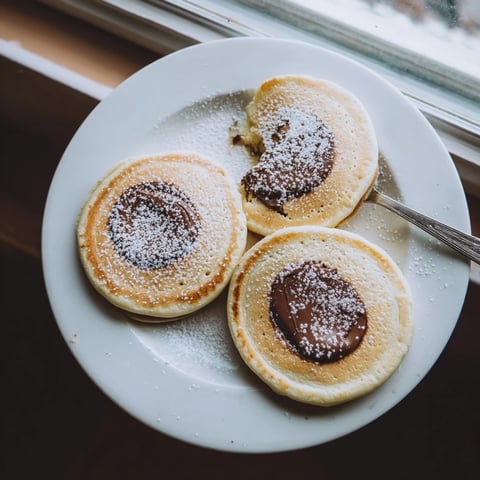 Fluffy golden Nutella Stuffed Pancakes stacked high, dusted with powdered sugar on a cozy breakfast table.