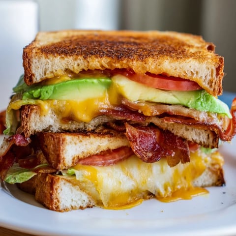Golden-brown Avocado BLT Grilled Cheese sandwich sliced in half, revealing layers of crispy bacon, fresh lettuce, ripe tomato, and creamy avocado with melted cheese.
