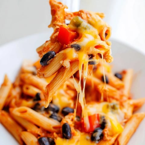 A steaming skillet of Chicken Enchilada Pasta with melted cheddar and Monterey Jack cheese, topped with fresh cilantro and green onions.