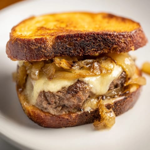 Crispy rye bread surrounding a warm, cheesy cast-iron patty melt freshly made in a skillet.