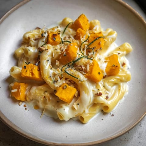 A one-pot of golden One-Pot Butternut Squash Mac & Cheese, garnished with fresh herbs.