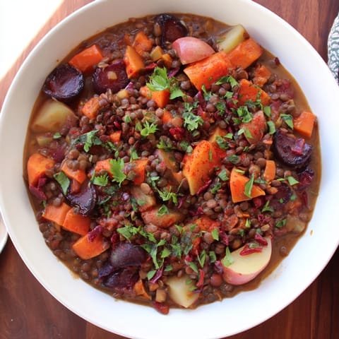 Close-up of Abuela's Secret Lentil Stew with Prunes, showcasing tender lentils and plump prunes.
