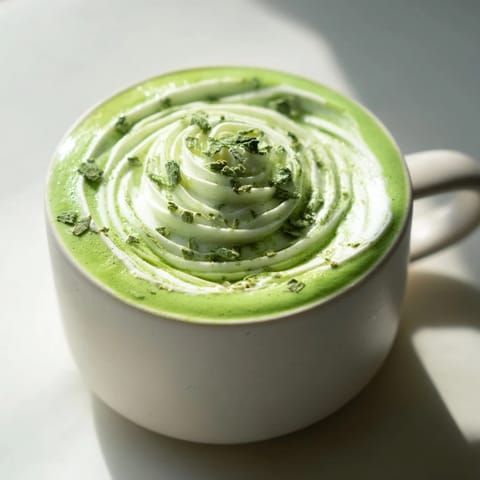 Focus on vibrant green matcha and creamy white milk in a homemade Cozy Peppermint Matcha Latte recipe.