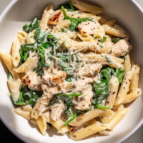 Picture a steaming bowl of One-Pot Creamy Spinach & Turkey Christmas Pasta, topped with fresh parsley.