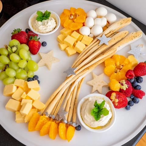 Vibrant Comet & Planet Grazing Tray: cheeses, fresh fruits, and crackers make a festive appetizer.
