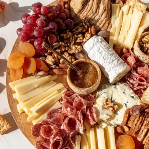 Arrangement of cheeses, meats, fruits, nuts, and crackers for a 2026 Wine Pairing Board, ready to serve.