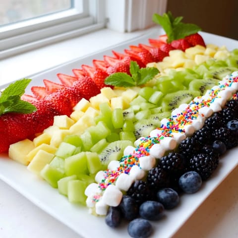Imagine a delicious Happy Birthday Cake Slice Fruit Board; juicy strawberries and fresh fruit pieces arranged for fun.