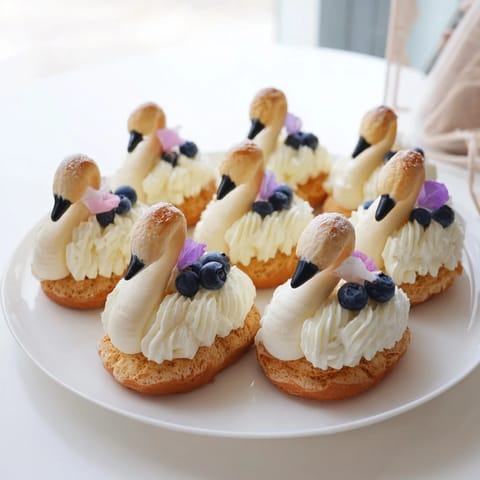 Plateau Cygne Pâtisseries Aériennes, the elegant French pastries arranged on a serving platter, ready to enjoy.