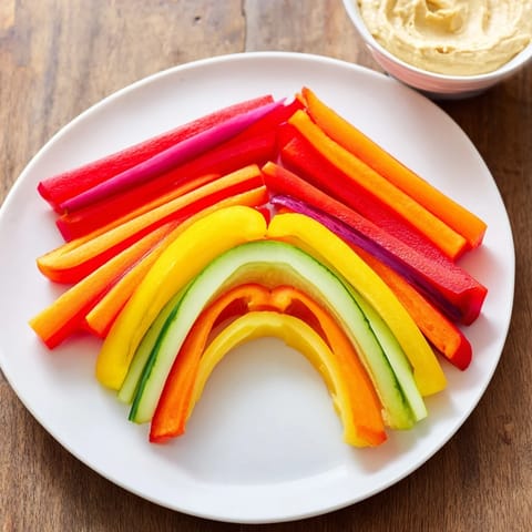 Colorful rainbow arch veggie sticks: a healthy, vibrant snack everyone will enjoy immediately.
