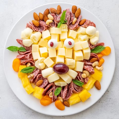 Vibrant Lion King Savory Meat and Cheese Platter with roasted nuts and fresh mango slices.