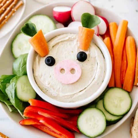 A close-up of a charming Piggy Face Dip Bowl with colorful veggie dippers ready to enjoy.