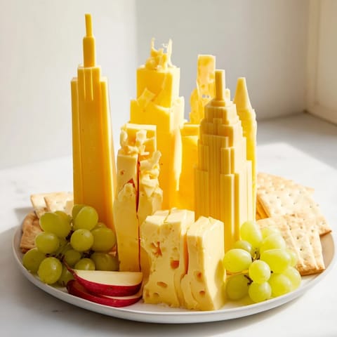 A visually stunning Skyline Silhouette appetizer: crafted cheese buildings with grapes and fruit accents.