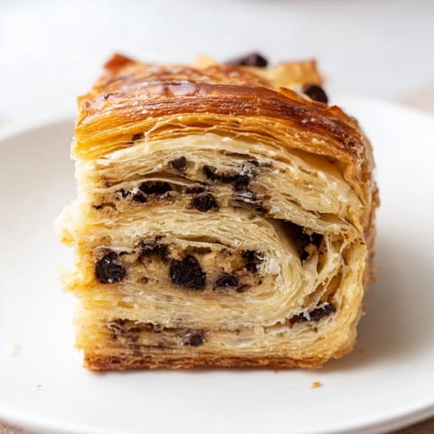 Close-up of freshly baked crookies, showcasing layers of croissant dough and chocolate cookie.
