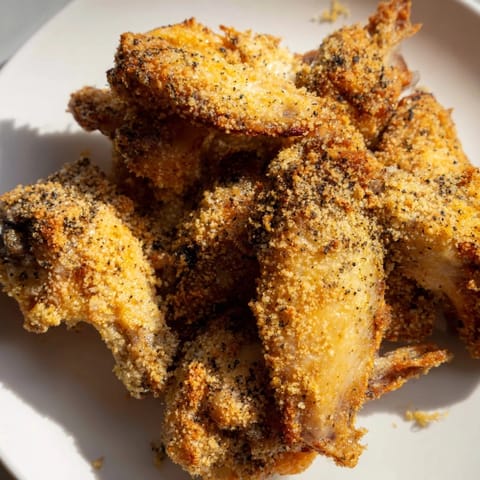Close-up of freshly baked Parmesan Chicken Wings, coated in a flavorful, herb-infused crust.