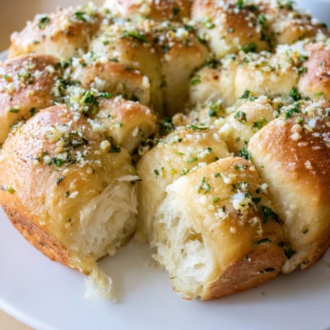 Warm Garlic Butter Bread Pull-Apart rolls stacked high, brushed with garlic butter and parsley, served alongside a bowl of tomato soup.