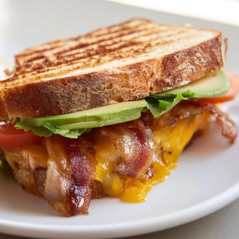 A close-up of a buttery, toasted Avocado BLT Grilled Cheese, highlighting the gooey cheddar and vibrant vegetables served on a rustic wooden board.