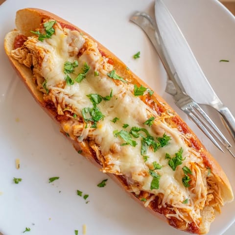 Golden, melted mozzarella and Parmesan blanket this hearty Chicken Parm Stuffed Garlic Bread, fresh from the oven.