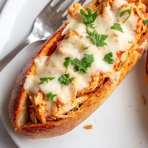 Tender shredded chicken in a robust marinara sauce is baked inside a garlic-buttered bread boat.