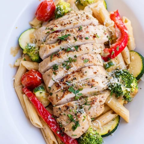 Roasted garlic herb chicken and colorful vegetables tossed with penne in a light, aromatic sauce.