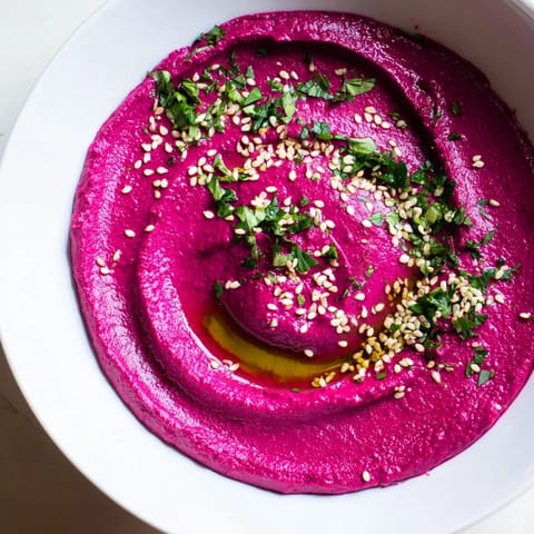 Creamy Roasted Beet Hummus in a rustic bowl, garnished with olive oil and fresh parsley, served with pita chips.  