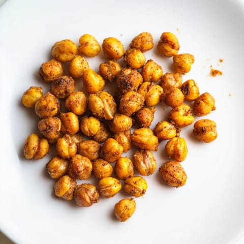 Golden Crispy Chickpea Snack roasted with warm spices, glistening with olive oil on a baking sheet, ready to munch.  