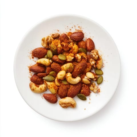 Golden toasted almonds, cashews, and walnuts coated in turmeric, cinnamon, and smoked paprika spices on a rustic wooden board.