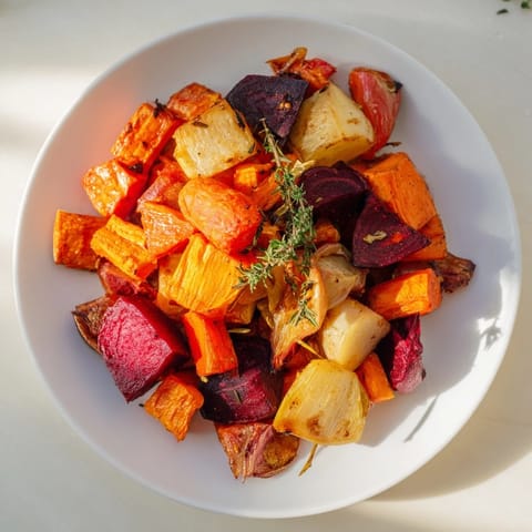 Roasted root vegetable medley featuring caramelized carrots, parsnips, and beets on a rustic baking sheet, ready to serve as a vegan side dish.