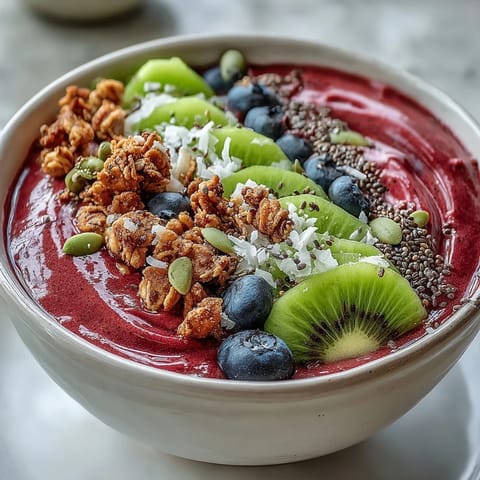 Vibrant Beet and Berry Smoothie Bowl with crunchy granola and fresh fruit toppings.