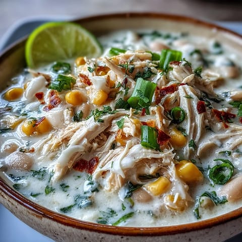Steaming White Chicken Chili in a Dutch oven featuring tender chicken, white beans, corn, and jalapeños, ready for a cozy dinner.