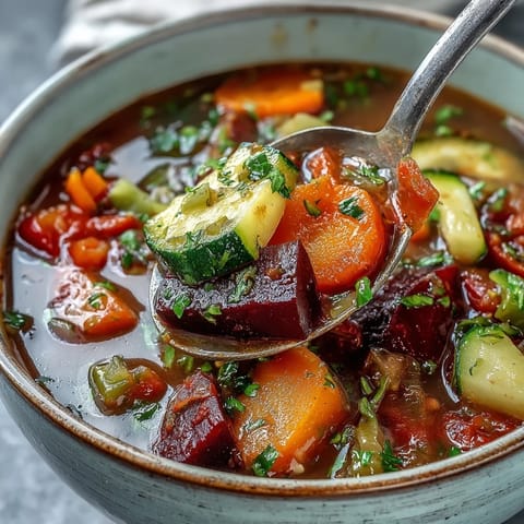 Steaming bowl of Rainbow Vegetable Detox Soup with chopped carrots and fresh parsley garnish.