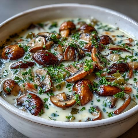 A ladle serving Creamy Mushroom Stroganoff Soup into a white ceramic bowl, showcasing the thick, savory broth with golden mushrooms and fresh herbs.