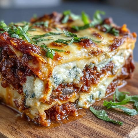 Golden bubbling mozzarella tops this One-Pan Smoky Veggie Lentil Lasagne, served with torn fresh basil leaves.