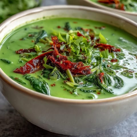 Creamy vegan Spinach Coriander Lemongrass Soup served hot in a rustic bowl garnished with fresh cilantro and red chili slices.