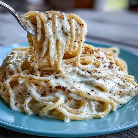 Cacio e Pepe pasta resting in a ceramic bowl, garnished with extra grated cheese and pepper flakes, ready to be served for dinner.