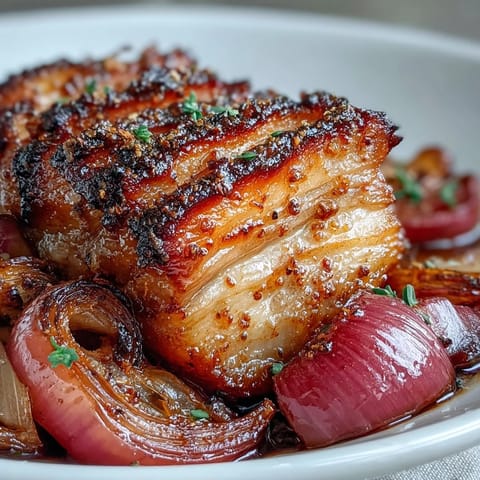 Freshly baked Pork and Aromatic Rhubarb Traybake garnished with parsley, served alongside fluffy couscous for a complete meal.