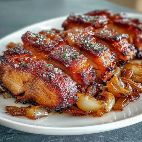 Golden slices of roasted Pork and Aromatic Rhubarb Traybake with caramelized rhubarb and onions on a baking sheet.