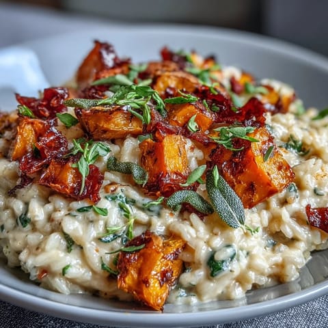 Vegan Pumpkin Risotto topped with crispy sage leaves, served steaming hot in a rustic white bowl.