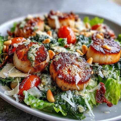 Golden seared scallops rest atop a crisp escarole salad with cherry tomatoes and pesto vinaigrette.