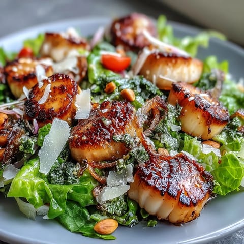 Four seared scallops with escarole salad and pesto vinaigrette served on a white plate.