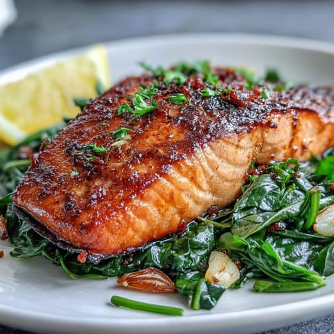 A close-up of Air Fryer Salmon and Swiss Chard, highlighting the flaky interior of the fish and the vibrant green, wilted greens on a rustic plate.