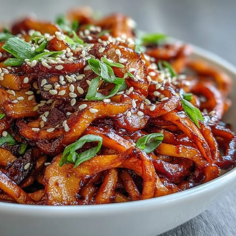 Golden roasted swede ribbons and rice noodles tossed in a glossy, spicy gochujang dressing for a vibrant main dish.