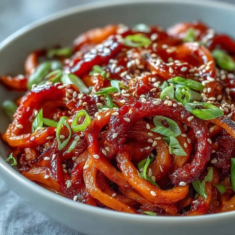 Tender rutabaga noodles and crisp veggies coated in a sweet and spicy gochujang sauce, topped with toasted sesame seeds.