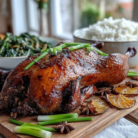 Golden-brown Five-Spice Roast Ducks resting on a carving board, garnished with fresh star anise and orange slices for a festive centerpiece.
