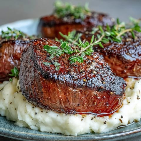 Golden-brown pan-seared venison steaks set atop creamy swede mash flecked with toasted caraway seeds.