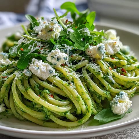 Freshly cooked linguine tossed with bright arugula pesto and garnished with extra Parmesan and black pepper.