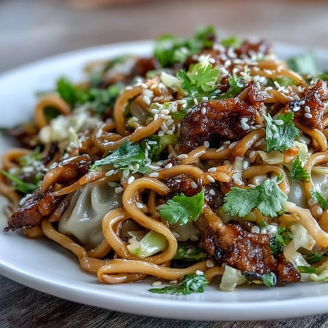 Steaming Potsticker Noodle Bowls feature rice noodles tossed in a savory sauce with browned pork and crisp veggies.