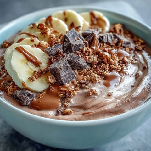 This thick Chocolate Peanut Butter Smoothie Bowl is served in a white bowl, ready to enjoy with a spoon and fresh fruit toppings.