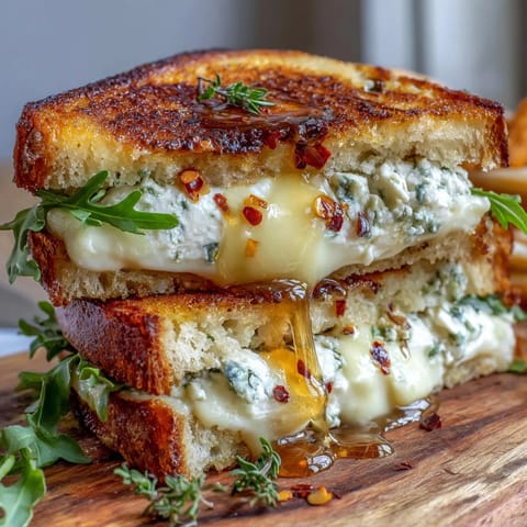 Golden-brown sourdough halves reveal a creamy goat cheese grilled cheese with honey and chili flakes, dripping with sweet drizzle.